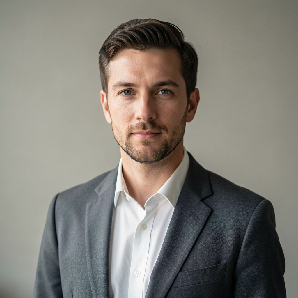 Editorial portrait of Adrian Webb, men's nutrition writer, in soft natural light with a neutral background