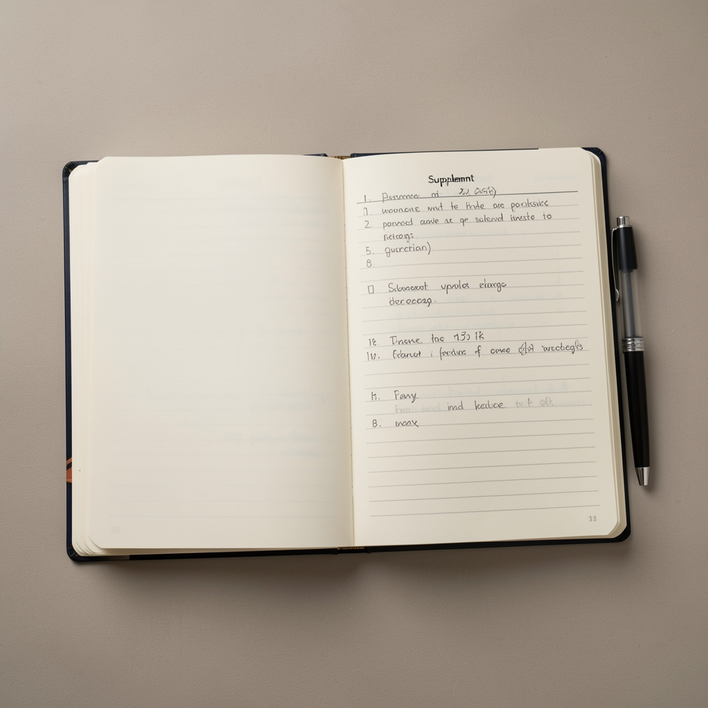Open supplement journal notebook on a neutral surface, open to handwritten tracking notes with a pen alongside